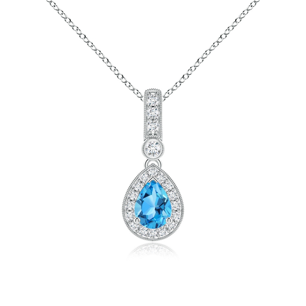 7x5mm AAA Pear-Shaped Swiss Blue Topaz and pave Diamond Halo Pendant in White Gold