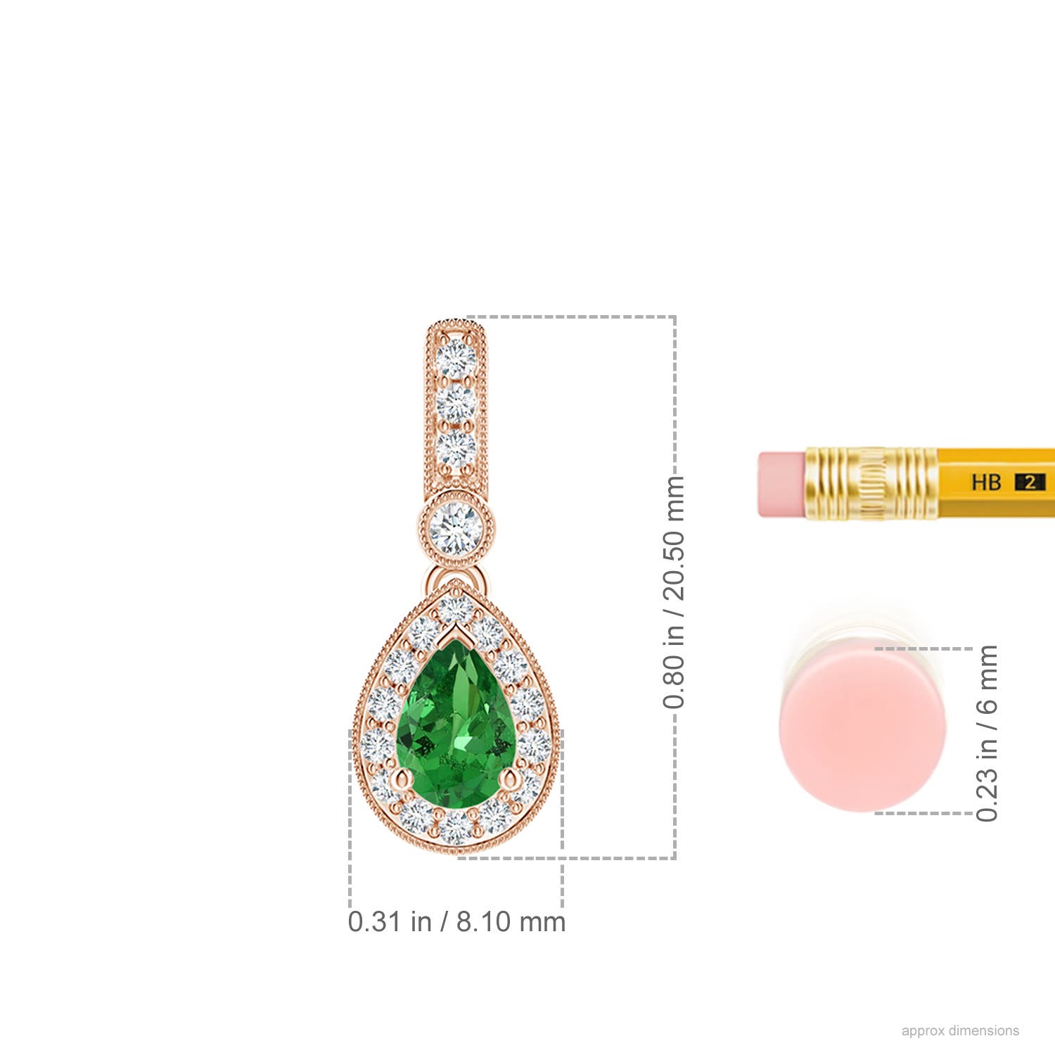 6x4mm AAA Pear-Shaped Tsavorite and pave Diamond Halo Pendant in Rose Gold - ruler