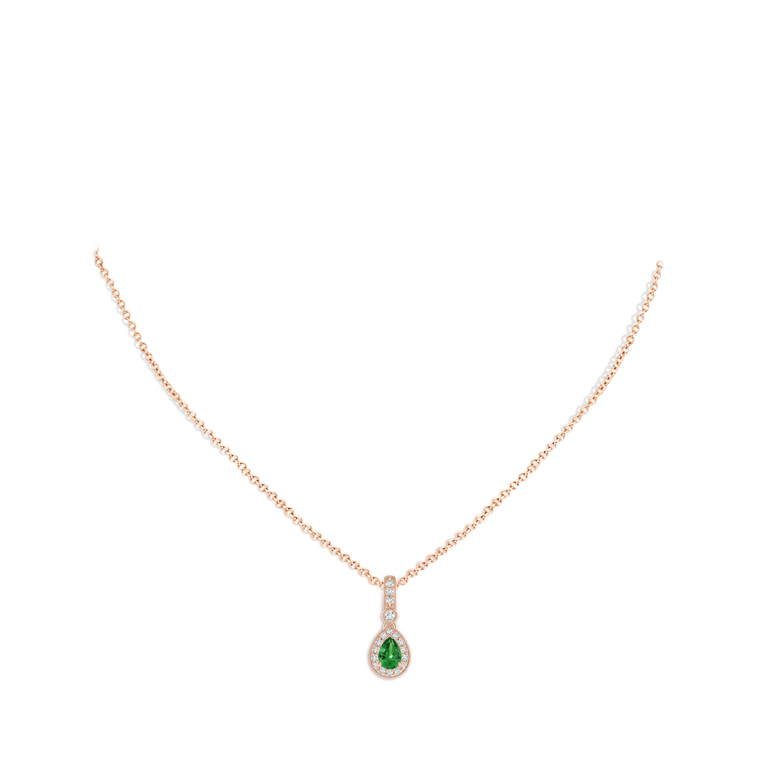 6x4mm AAA Pear-Shaped Tsavorite and pave Diamond Halo Pendant in Rose Gold - body_neck