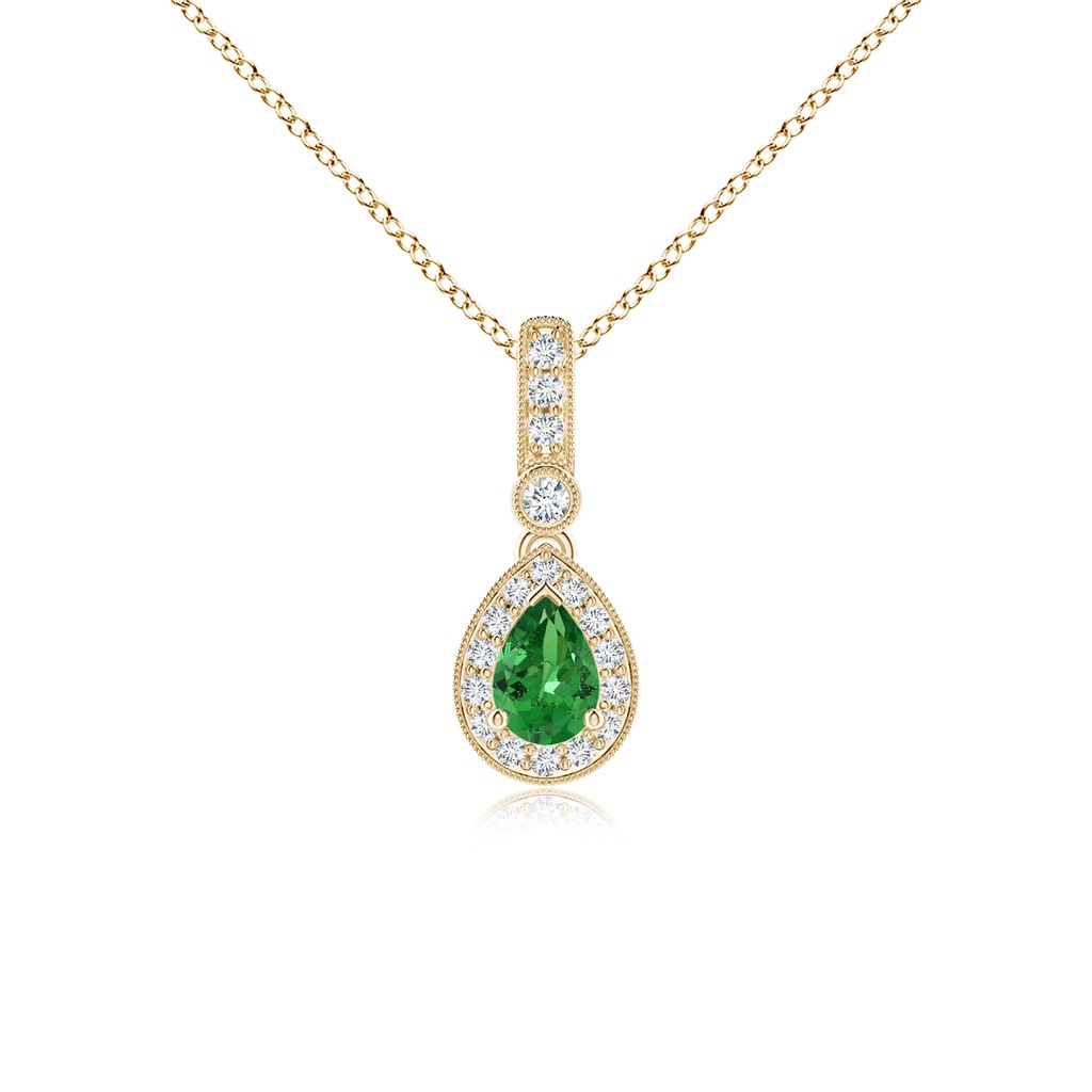 6x4mm AAA Pear-Shaped Tsavorite and pave Diamond Halo Pendant in Yellow Gold