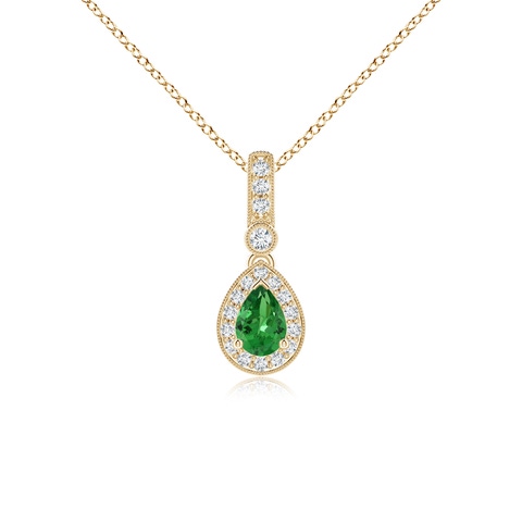 6x4mm AAA Pear-Shaped Tsavorite and pave Diamond Halo Pendant in Yellow Gold