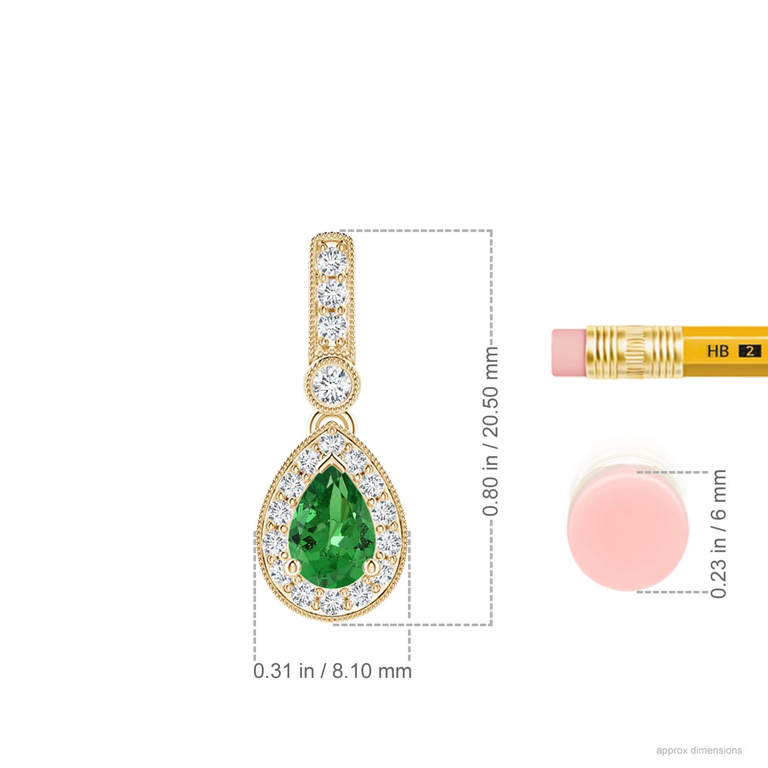 6x4mm AAA Pear-Shaped Tsavorite and pave Diamond Halo Pendant in Yellow Gold - ruler
