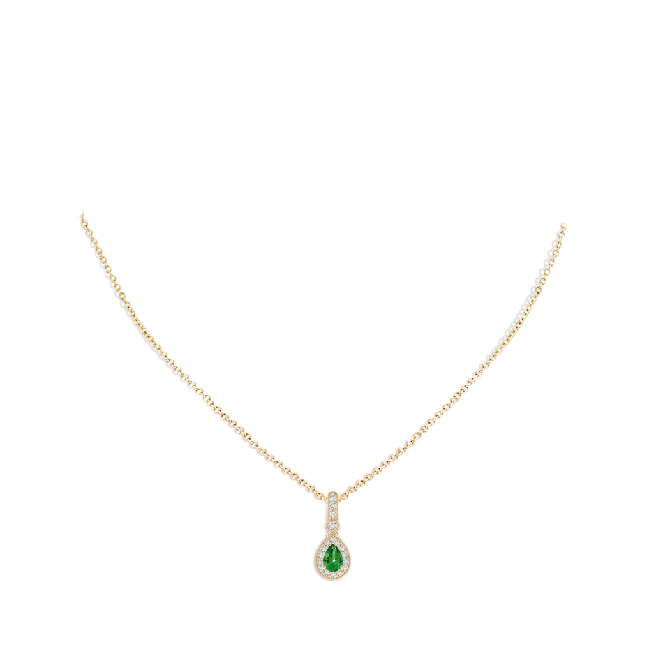 6x4mm AAA Pear-Shaped Tsavorite and pave Diamond Halo Pendant in Yellow Gold body-neck