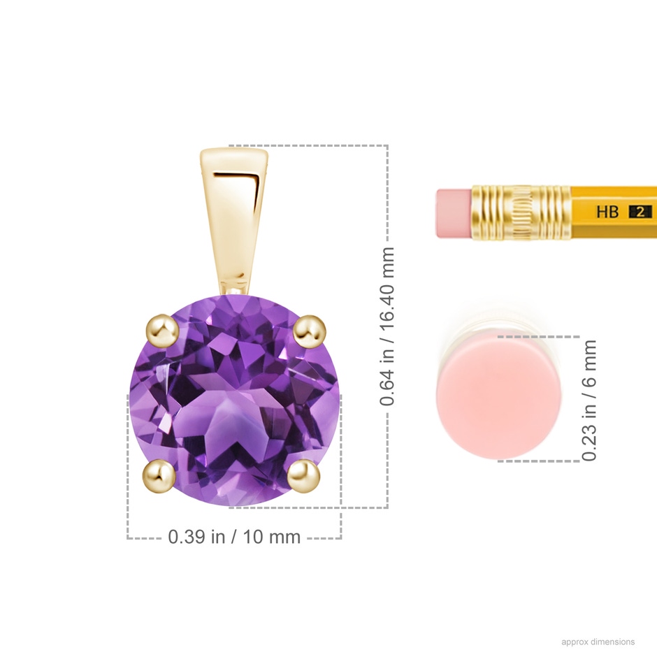 10mm AA Classic Prong-Set Round Amethyst Solitaire Pendant in Yellow Gold ruler