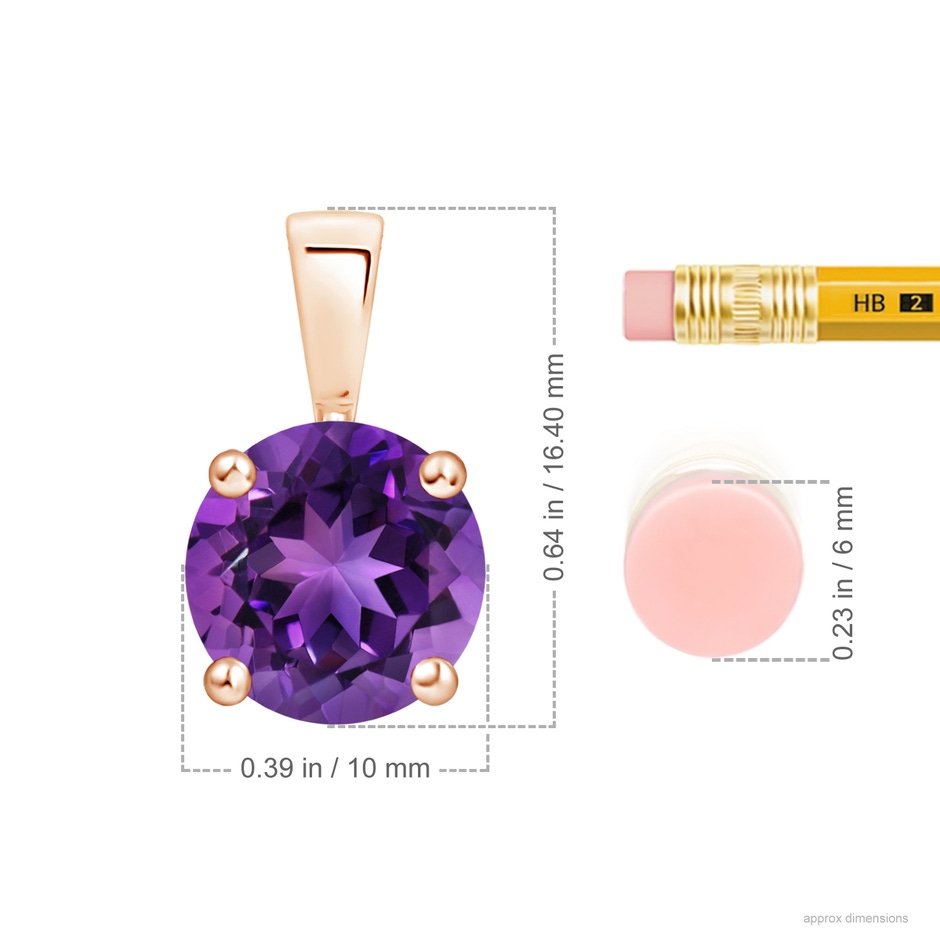 10mm AAAA Classic Prong-Set Round Amethyst Solitaire Pendant in Rose Gold ruler
