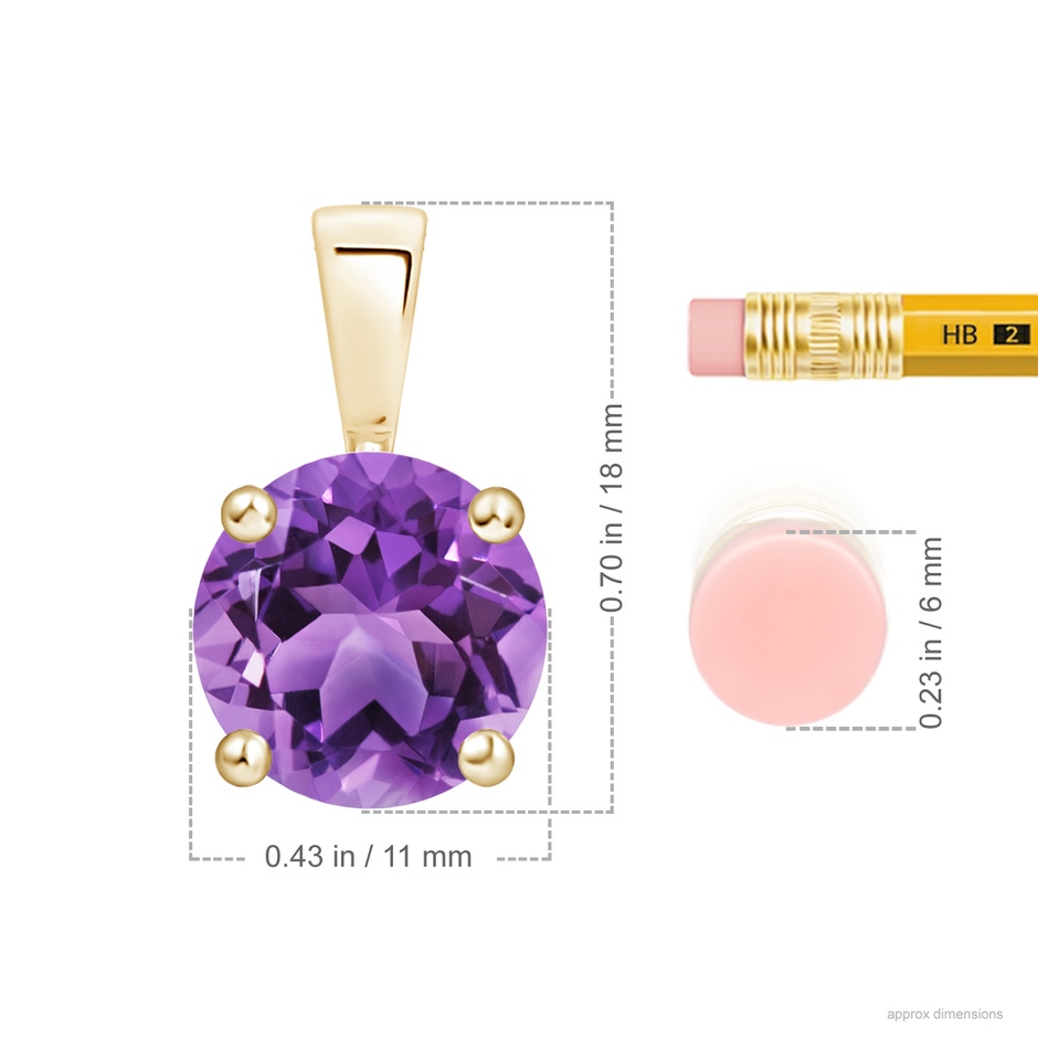 11mm AA Classic Prong-Set Round Amethyst Solitaire Pendant in 18K Yellow Gold ruler