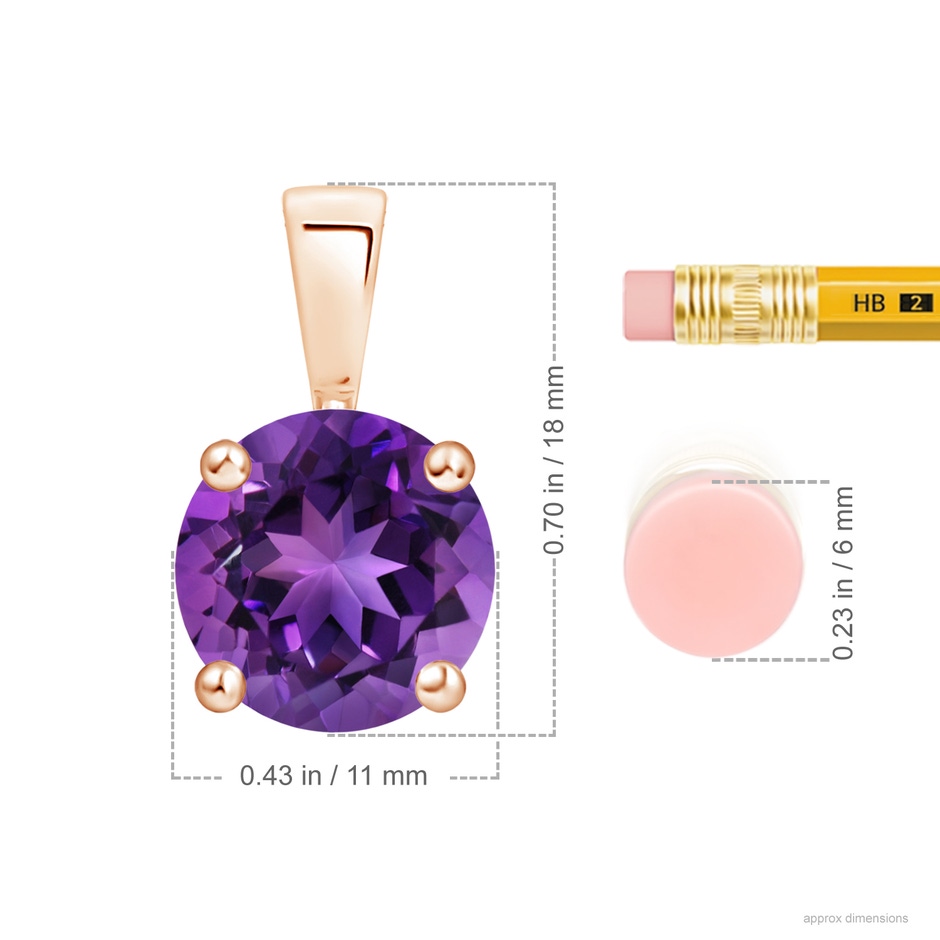 11mm AAAA Classic Prong-Set Round Amethyst Solitaire Pendant in 18K Rose Gold ruler