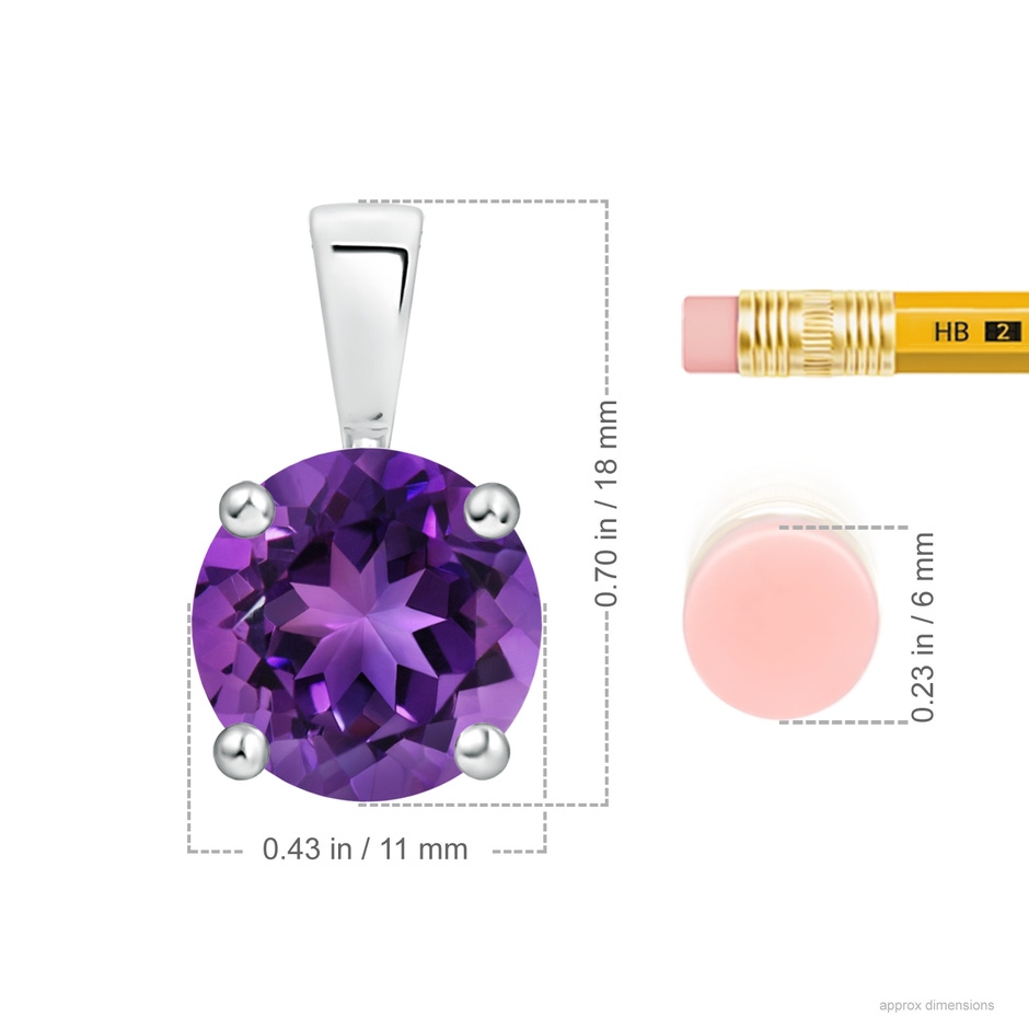 11mm AAAA Classic Prong-Set Round Amethyst Solitaire Pendant in White Gold ruler