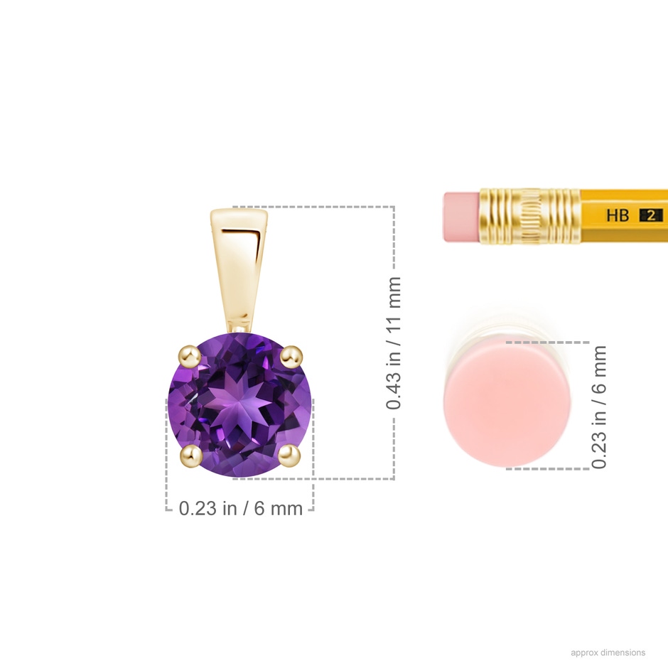 6mm AAAA Classic Prong-Set Round Amethyst Solitaire Pendant in Yellow Gold ruler