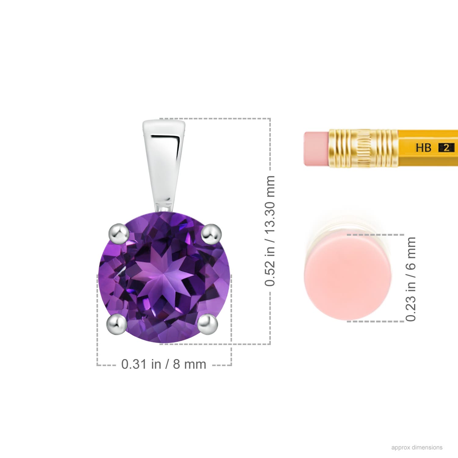 8mm AAAA Classic Prong-Set Round Amethyst Solitaire Pendant in White Gold - ruler