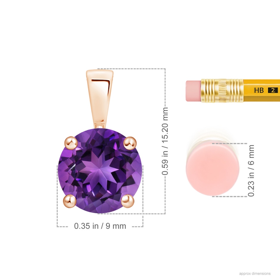 9mm AAAA Classic Prong-Set Round Amethyst Solitaire Pendant in 18K Rose Gold ruler