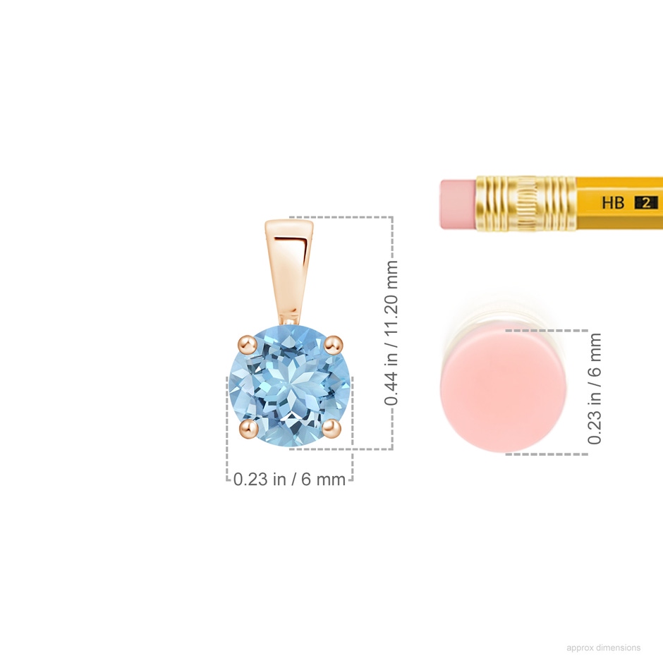 6mm AAAA Classic Prong-Set Round Aquamarine Solitaire Pendant in Rose Gold ruler