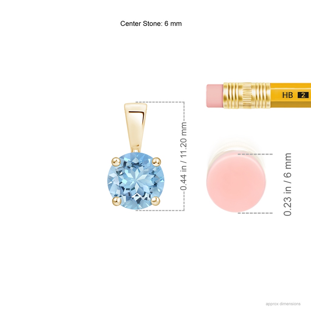 6mm AAAA Classic Round Aquamarine Solitaire Pendant in Yellow Gold ruler