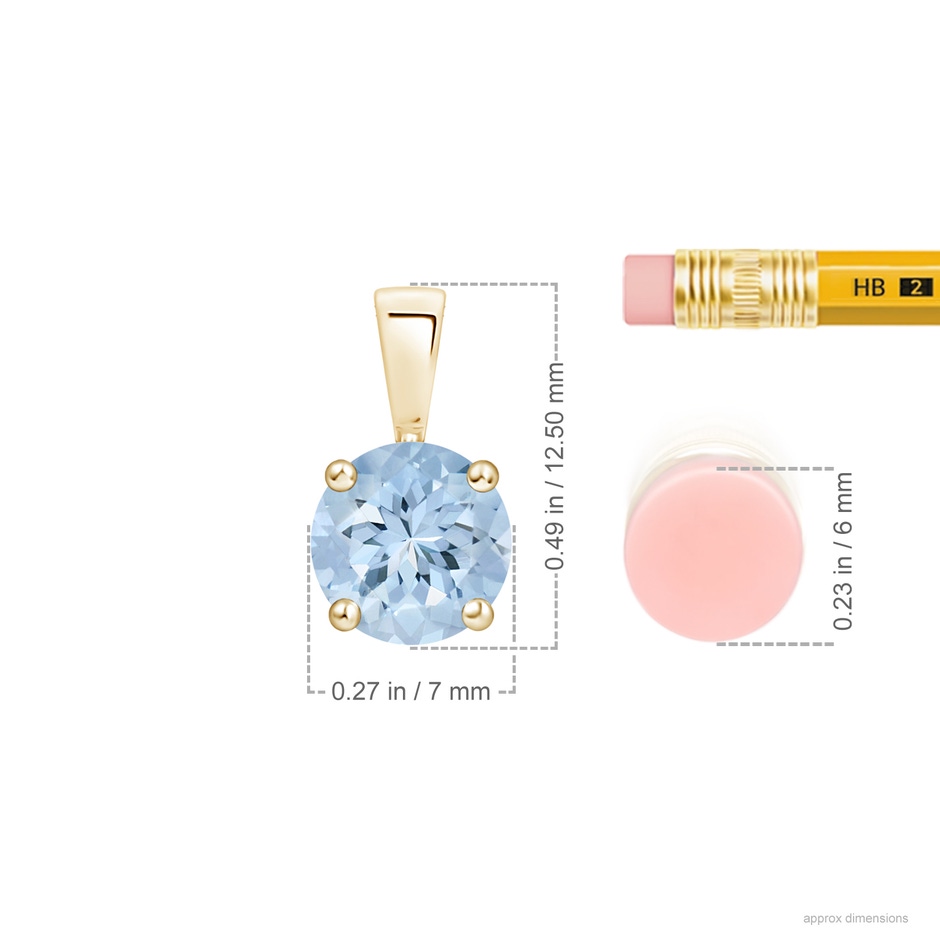 7mm AA Classic Prong-Set Round Aquamarine Solitaire Pendant in Yellow Gold ruler