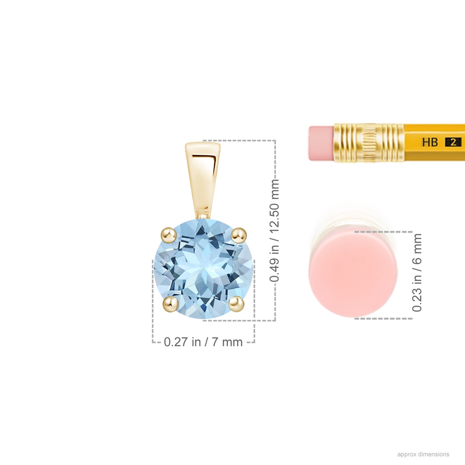 7mm AAA Classic Prong-Set Round Aquamarine Solitaire Pendant in Yellow Gold ruler