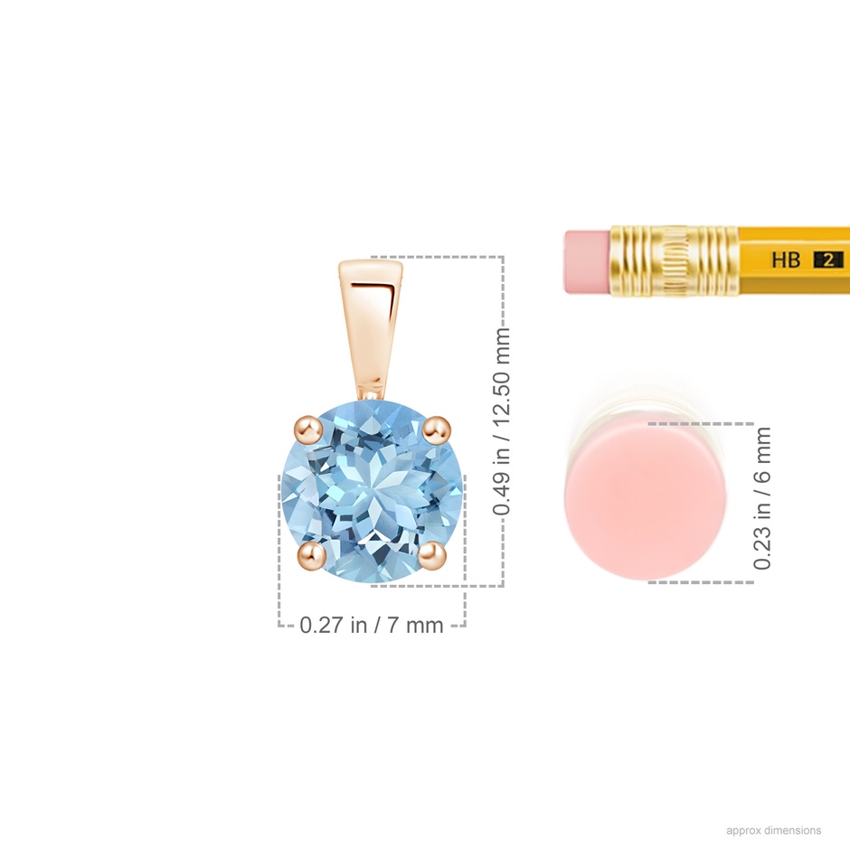 7mm AAAA Classic Prong-Set Round Aquamarine Solitaire Pendant in Rose Gold ruler