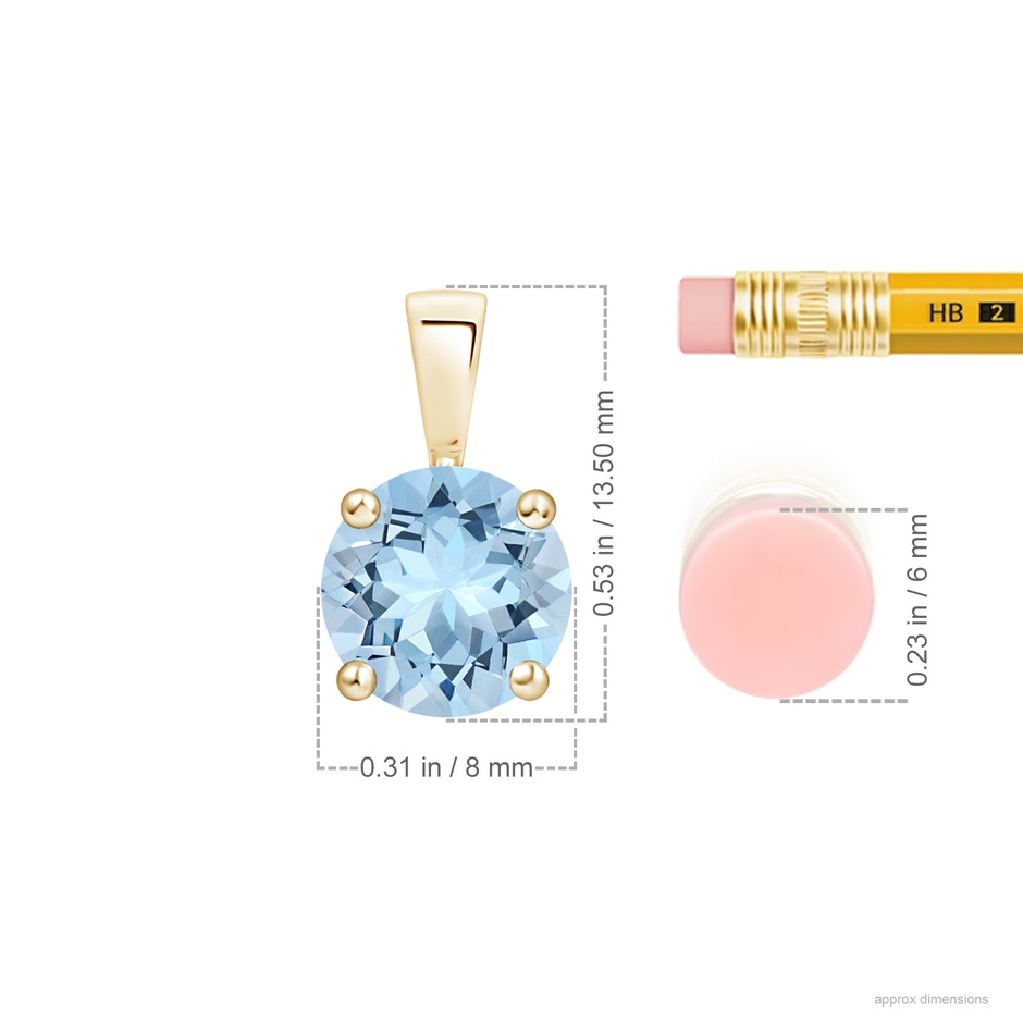 8mm AAA Classic Prong-Set Round Aquamarine Solitaire Pendant in 18K Yellow Gold ruler