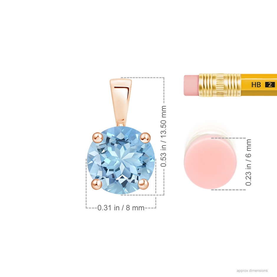8mm AAAA Classic Prong-Set Round Aquamarine Solitaire Pendant in Rose Gold ruler