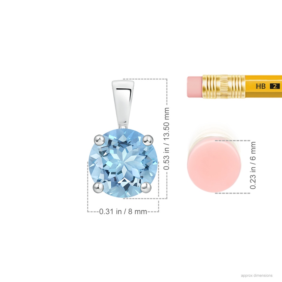 8mm AAAA Classic Prong-Set Round Aquamarine Solitaire Pendant in S999 Silver ruler