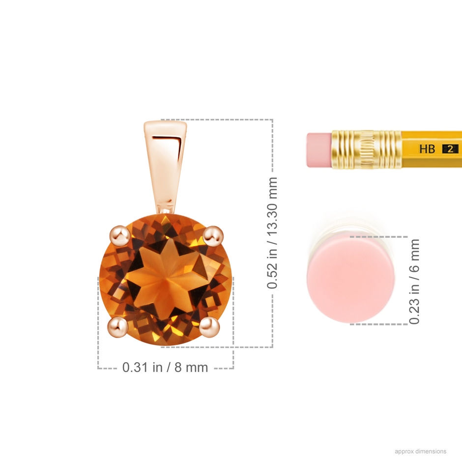 8mm AAAA Classic Prong-Set Round Citrine Solitaire Pendant in Rose Gold ruler