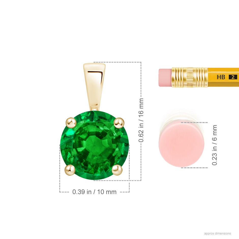 10mm AAAA Classic Prong-Set Round Emerald Solitaire Pendant in Yellow Gold ruler