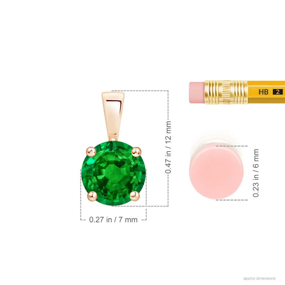 7mm AAAA Classic Prong-Set Round Emerald Solitaire Pendant in Rose Gold ruler