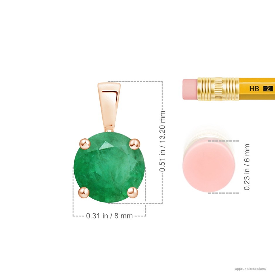 8mm A Classic Prong-Set Round Emerald Solitaire Pendant in Rose Gold ruler