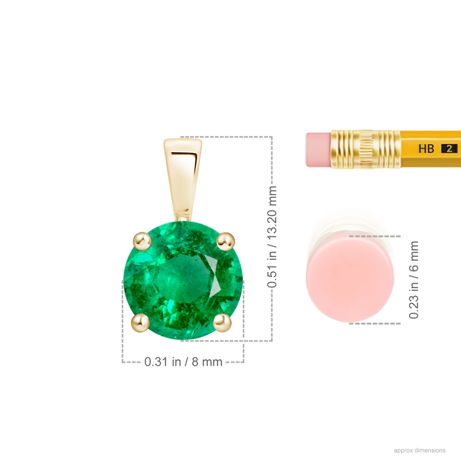 8mm AAA Classic Prong-Set Round Emerald Solitaire Pendant in Yellow Gold ruler