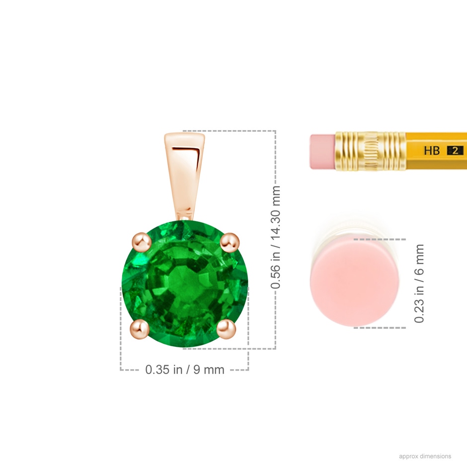 9mm AAAA Classic Prong-Set Round Emerald Solitaire Pendant in Rose Gold ruler