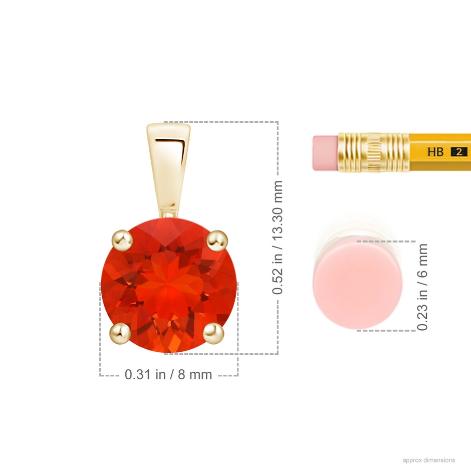 8mm AAAA Classic Prong-Set Round Fire Opal Solitaire Pendant in Yellow Gold ruler