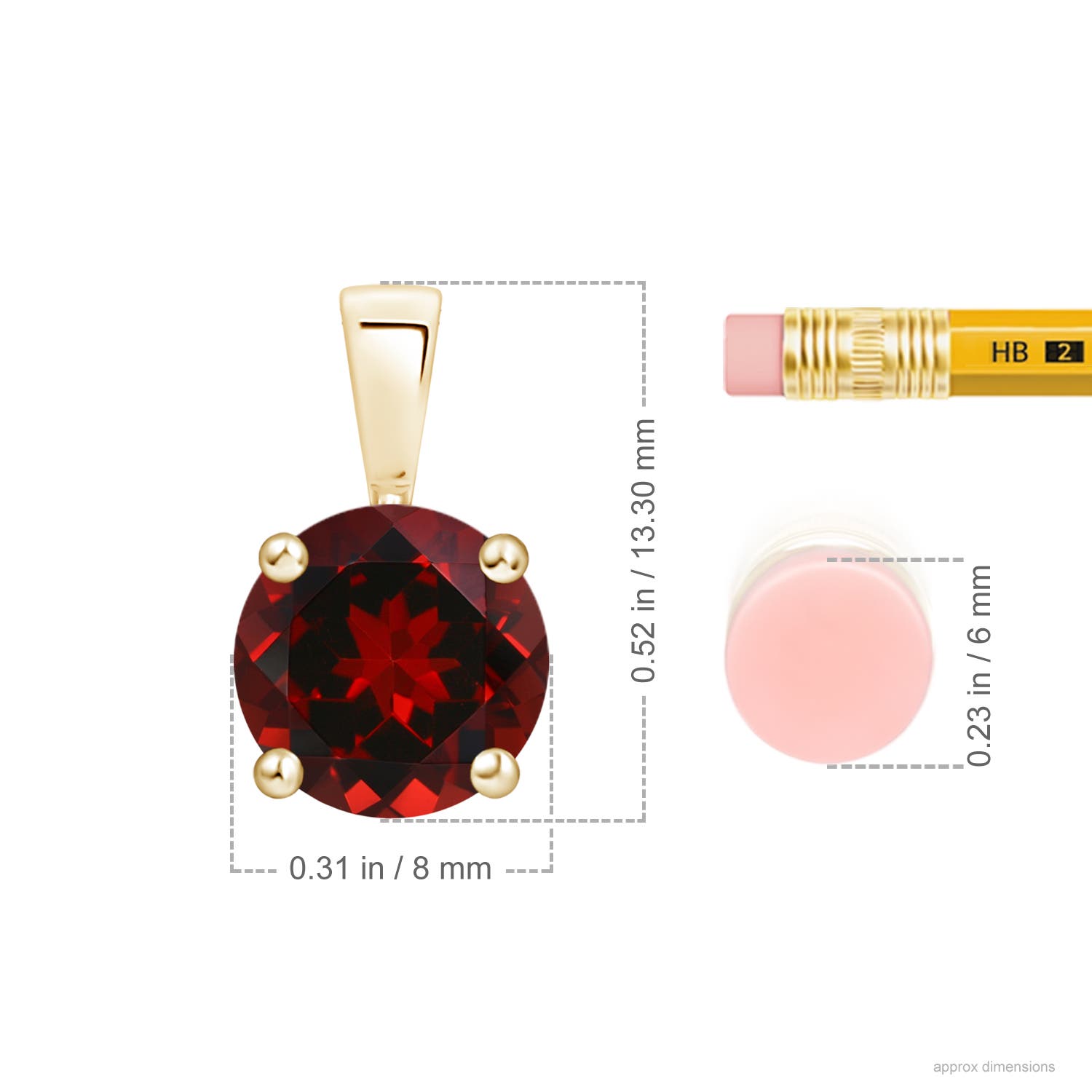 8mm AAAA Classic Prong-Set Round Garnet Solitaire Pendant in Yellow Gold - ruler