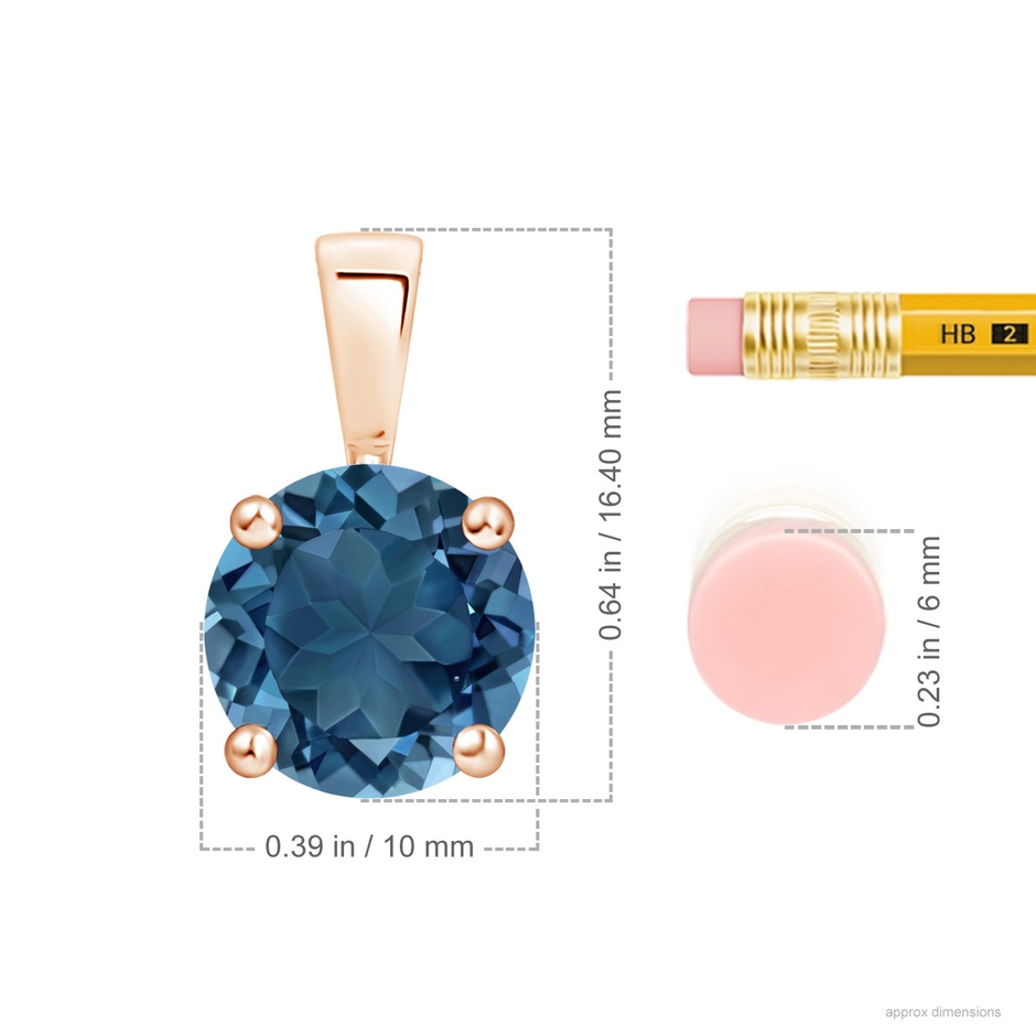 10mm AA Classic Prong-Set Round London Blue Topaz Solitaire Pendant in Rose Gold ruler