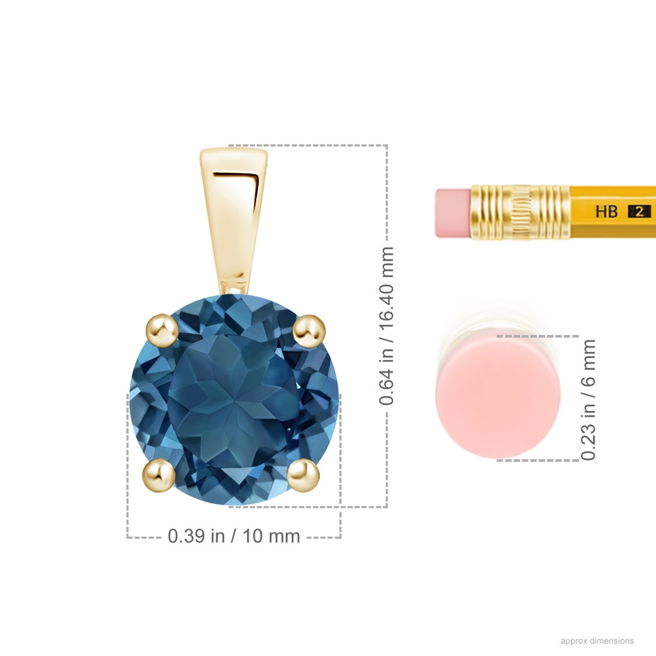 10mm AA Classic Prong-Set Round London Blue Topaz Solitaire Pendant in Yellow Gold ruler