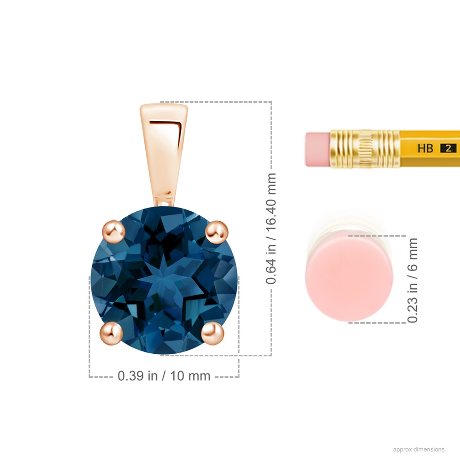 10mm AAA Classic Prong-Set Round London Blue Topaz Solitaire Pendant in Rose Gold ruler