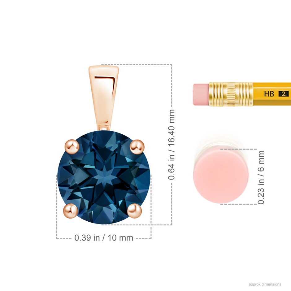 10mm AAAA Classic Prong-Set Round London Blue Topaz Solitaire Pendant in Rose Gold ruler