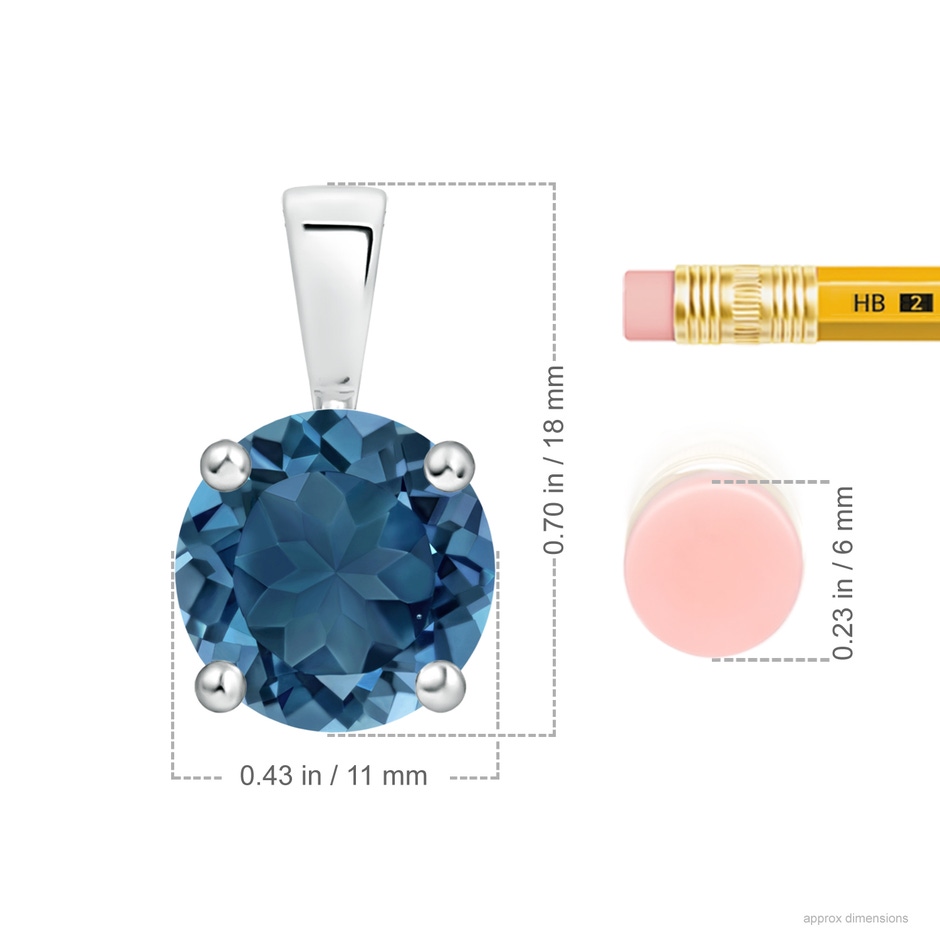 11mm AA Classic Prong-Set Round London Blue Topaz Solitaire Pendant in P950 Platinum ruler