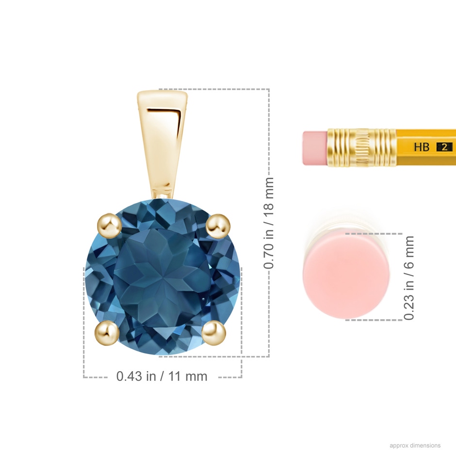 11mm AA Classic Prong-Set Round London Blue Topaz Solitaire Pendant in Yellow Gold ruler