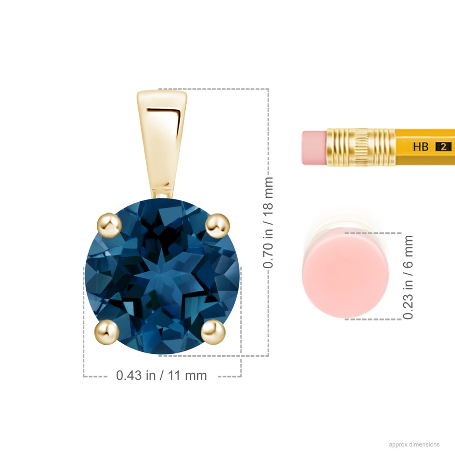11mm AAA Classic Prong-Set Round London Blue Topaz Solitaire Pendant in Yellow Gold ruler