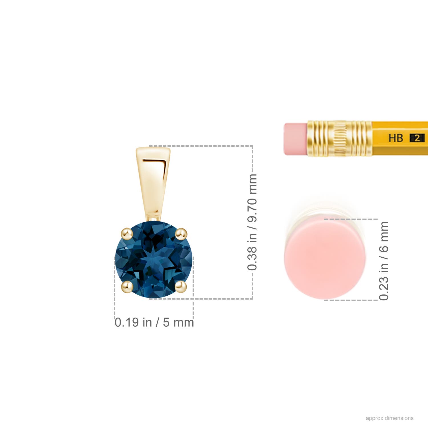 5mm AAA Classic Prong-Set Round London Blue Topaz Solitaire Pendant in Yellow Gold - ruler