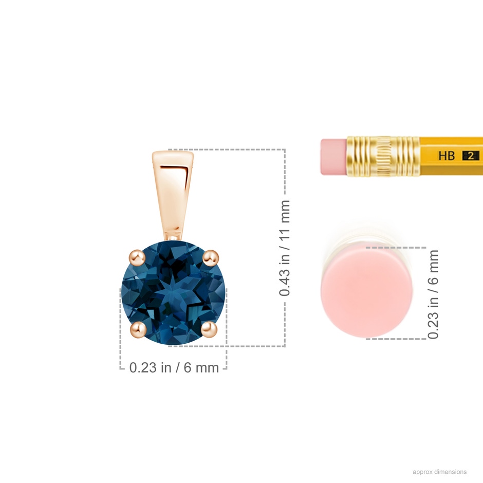 6mm AAA Classic Prong-Set Round London Blue Topaz Solitaire Pendant in Rose Gold ruler