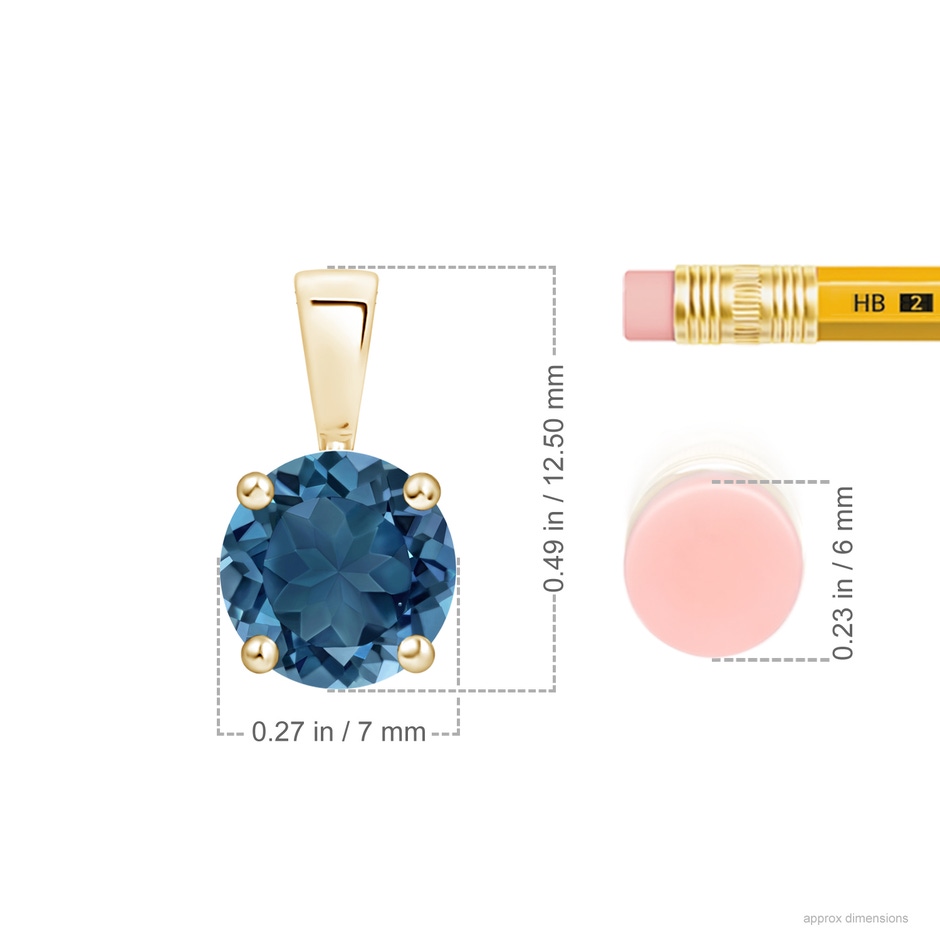 7mm AA Classic Prong-Set Round London Blue Topaz Solitaire Pendant in 10K Yellow Gold ruler