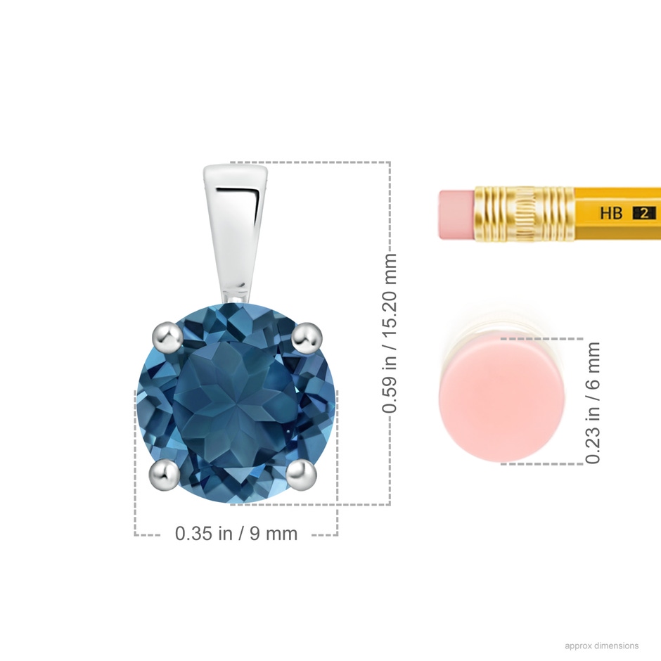 9mm AA Classic Prong-Set Round London Blue Topaz Solitaire Pendant in S999 Silver ruler