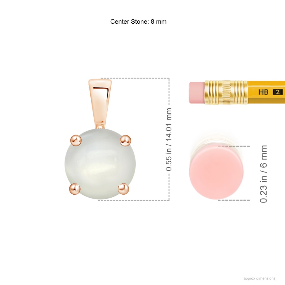 8mm AAAA Classic Round Moonstone Solitaire Pendant in Rose Gold ruler