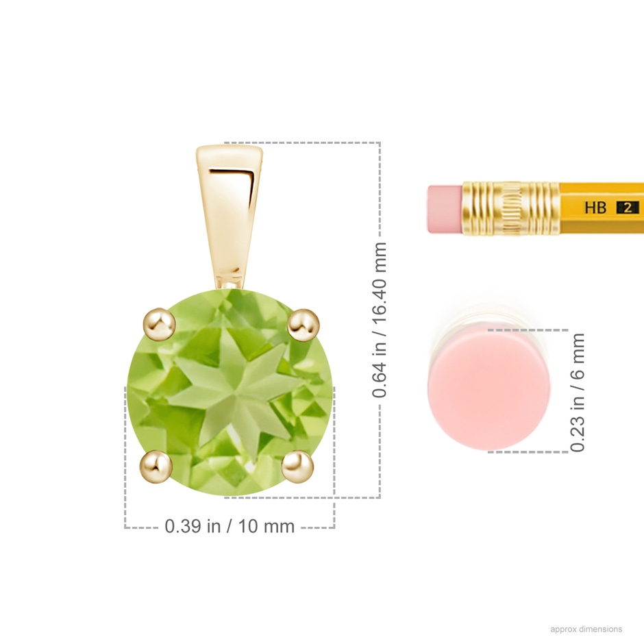 10mm AA Classic Prong-Set Round Peridot Solitaire Pendant in Yellow Gold ruler