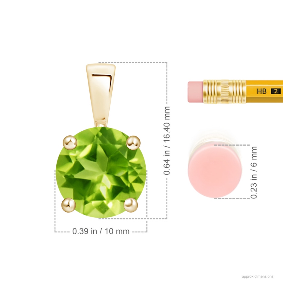 10mm AAA Classic Prong-Set Round Peridot Solitaire Pendant in Yellow Gold ruler