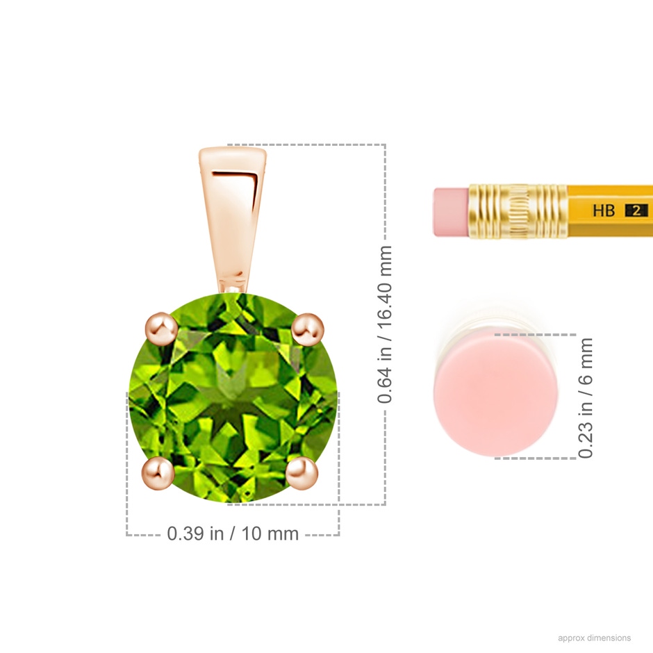 10mm AAAA Classic Prong-Set Round Peridot Solitaire Pendant in Rose Gold ruler