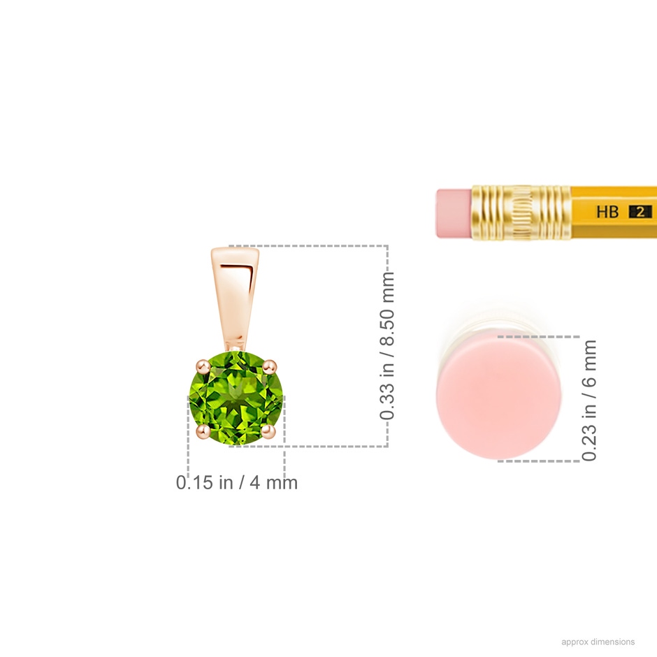 4mm AAAA Classic Prong-Set Round Peridot Solitaire Pendant in Rose Gold ruler
