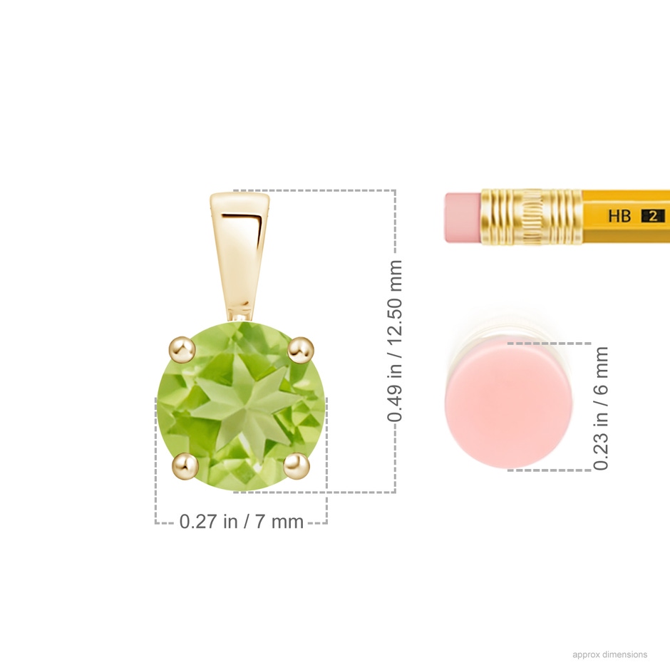 7mm AA Classic Prong-Set Round Peridot Solitaire Pendant in Yellow Gold ruler