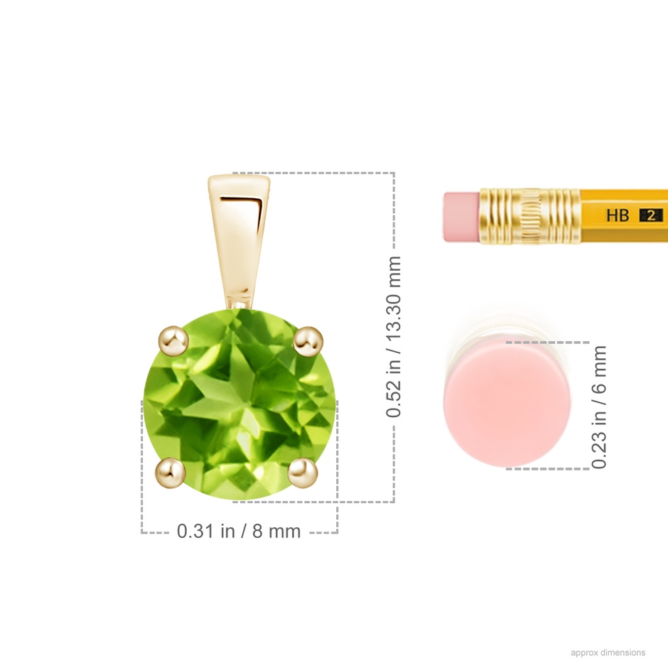 8mm AAA Classic Prong-Set Round Peridot Solitaire Pendant in Yellow Gold ruler
