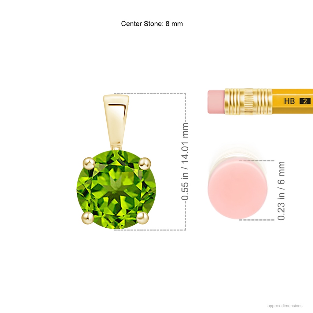 8mm AAAA Classic Round Peridot Solitaire Pendant in 18K Yellow Gold Ruler
